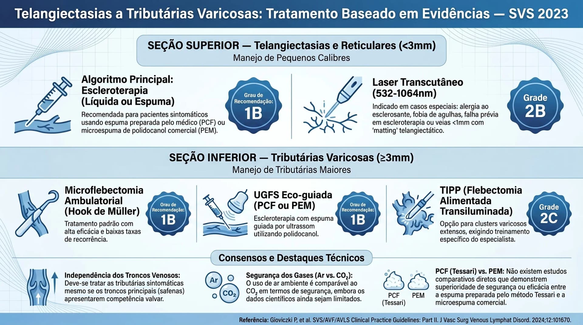 Infográfico: tratamento de telangiectasias e tributárias varicosas — Guideline 7 SVS 2023