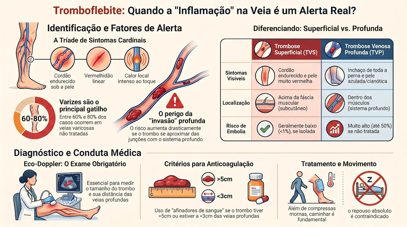 Infográfico: Tromboflebite — tríade de sintomas cardinais, diferenciação TVS vs TVP, Eco-Doppler e critérios de anticoagulação