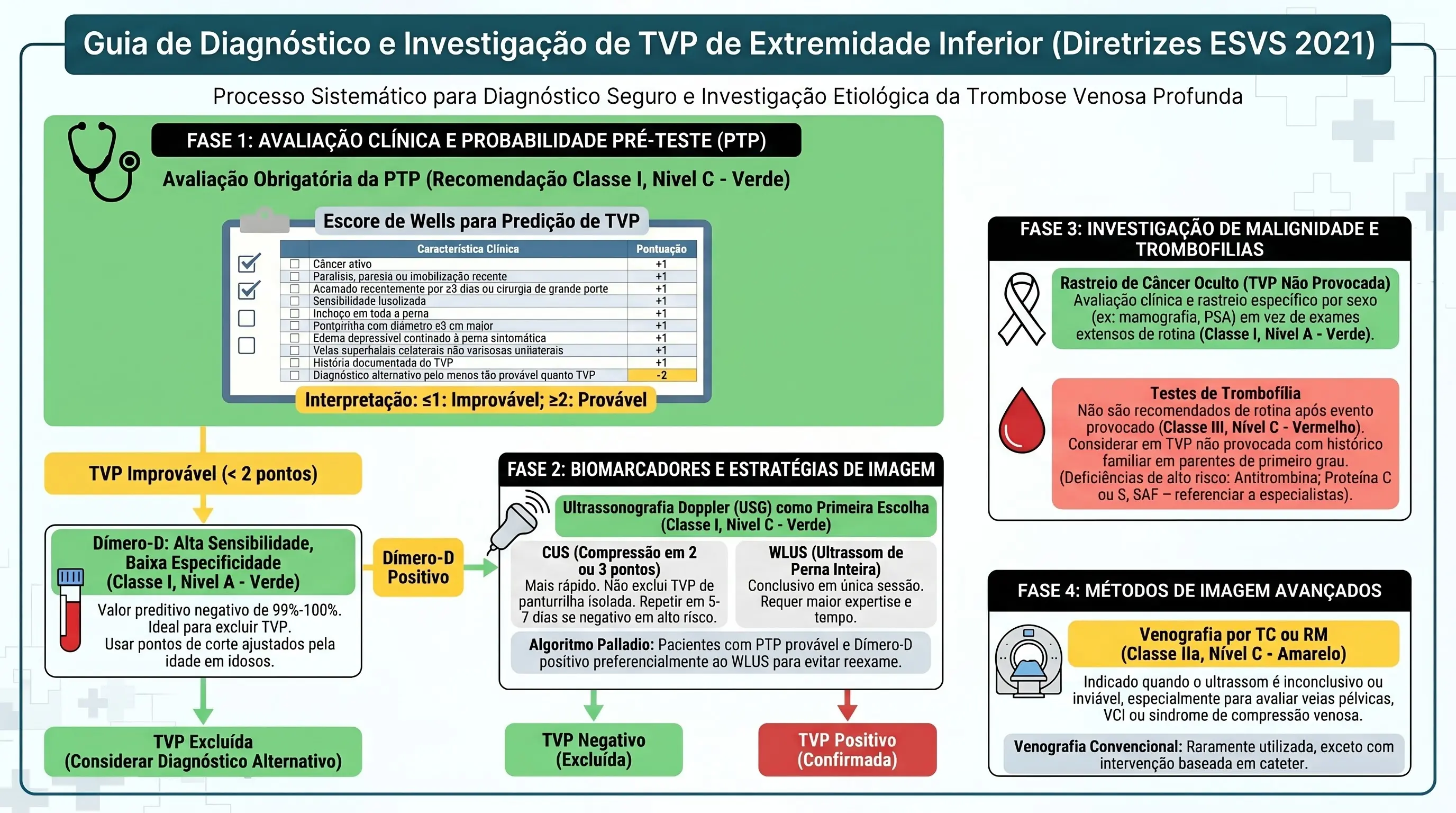 Infográfico: Guia de Diagnóstico e Investigação de TVP de Extremidade Inferior (Diretrizes ESVS 2021). Mostra as quatro fases do algoritmo diagnóstico: Fase 1 — Avaliação Clínica e Probabilidade Pré-Teste com o Escore de Wells; Fase 2 — Biomarcadores e Estratégias de Imagem, incluindo D-dímero, ultrassom CUS vs. WLUS e o Algoritmo Palladio; Fase 3 — Investigação de Malignidade Oculta e Trombofilias, com destaque para a Síndrome Antifosfolípide; e Fase 4 — Métodos de Imagem Avançados, como Venografia por TC ou RM.