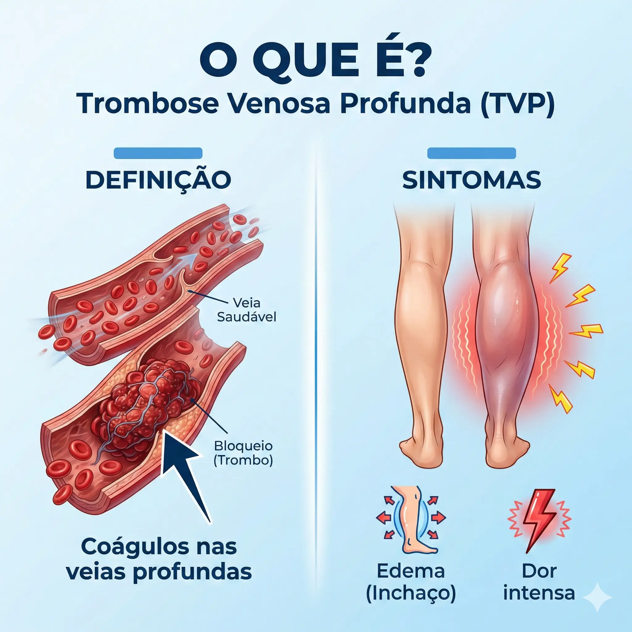 Definição e sintomas da Trombose Venosa Profunda: coágulo na veia, edema e dor