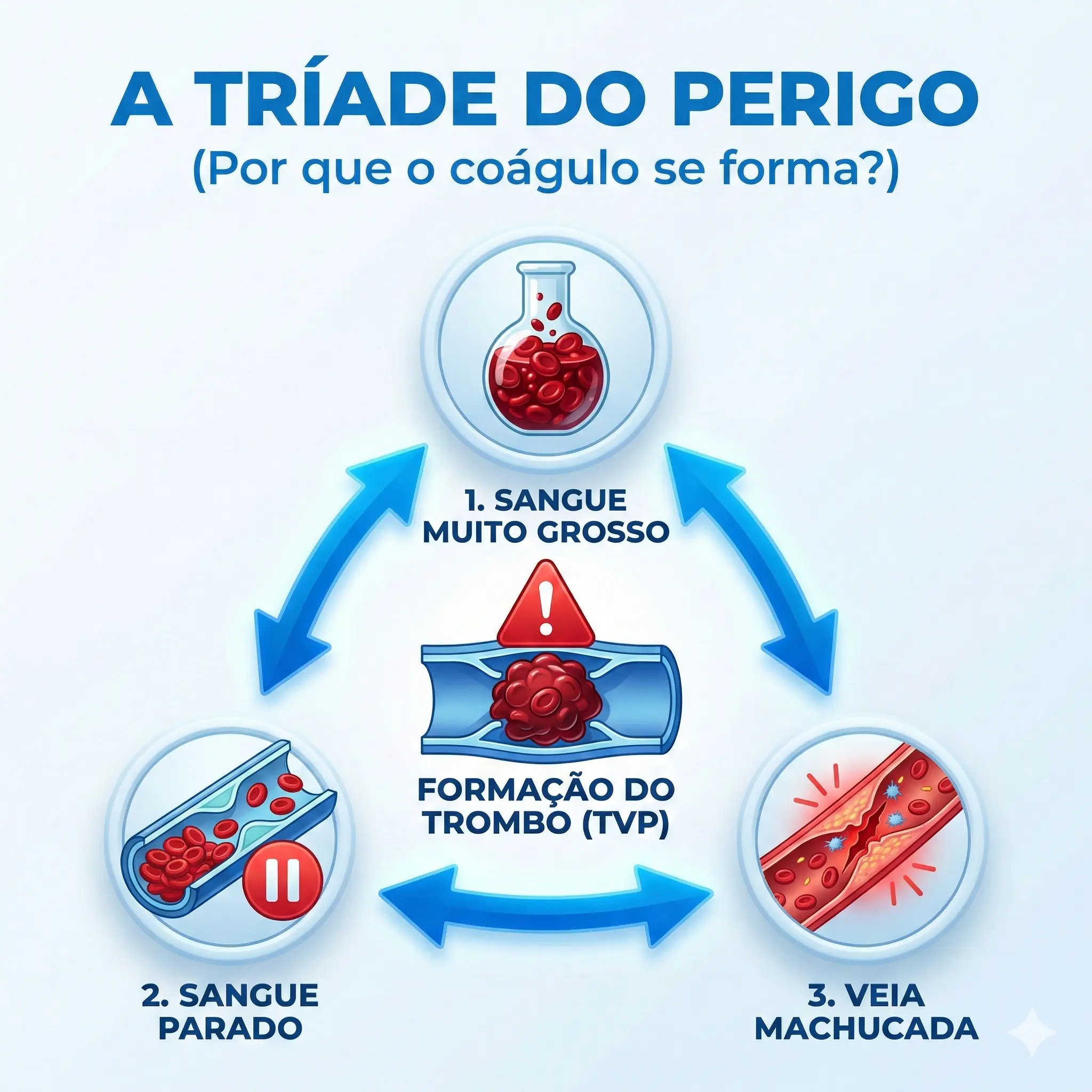 Tríade de Virchow: sangue grosso, sangue parado e veia machucada formam o trombo
