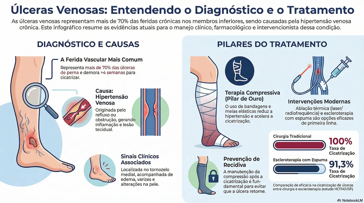 Infográfico sobre úlceras venosas: diagnóstico, causas, pilares do tratamento e prevenção de recidiva