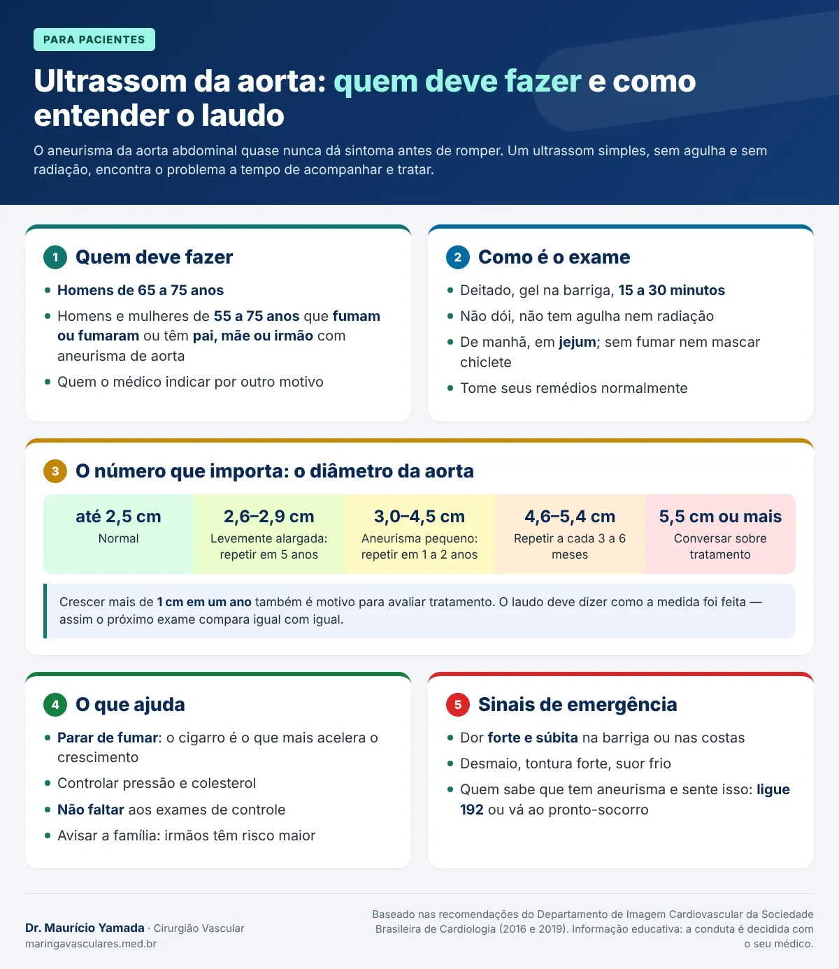 Infográfico para pacientes: quem deve fazer o ultrassom da aorta, como é o exame, o que significa cada medida, o que ajuda e sinais de emergência