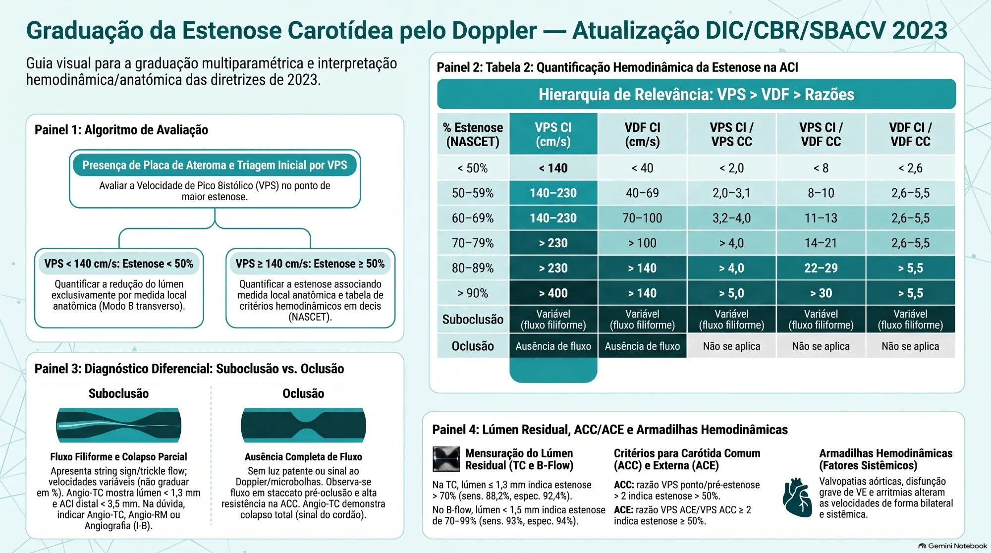 Infográfico resumo: graduação da estenose carotídea pelo Doppler — algoritmo, Tabela 2, suboclusão e oclusão