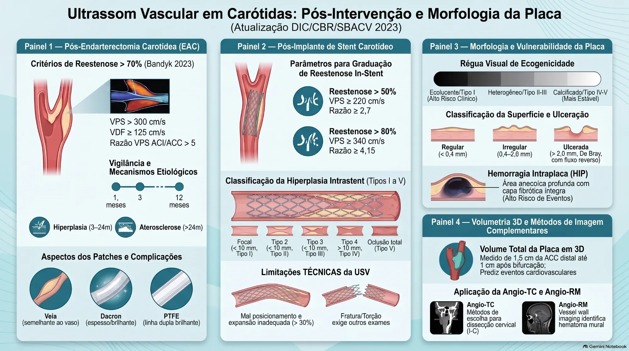 Infográfico resumo: ultrassom vascular em carótidas — pós-intervenção e morfologia da placa