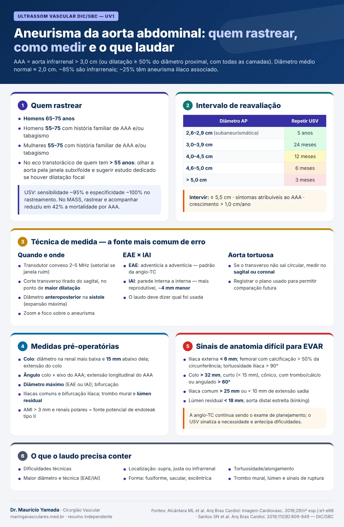 Infográfico: quem rastrear, intervalos de reavaliação, técnica de medida EAE × IAI, medidas pré-operatórias e laudo do aneurisma da aorta abdominal