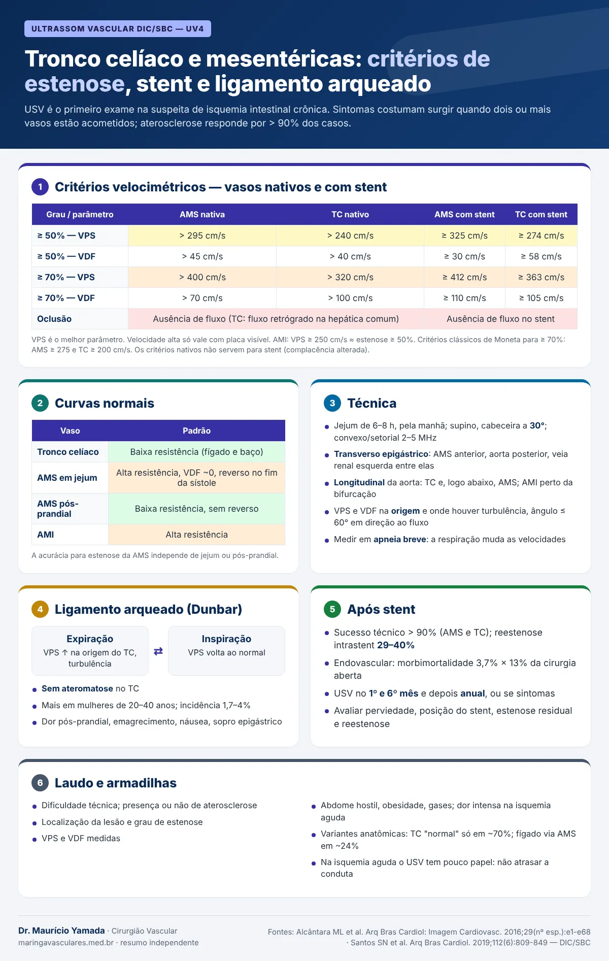 Infográfico: critérios de estenose da AMS e do tronco celíaco nativos e com stent, curvas normais, técnica, ligamento arqueado e laudo