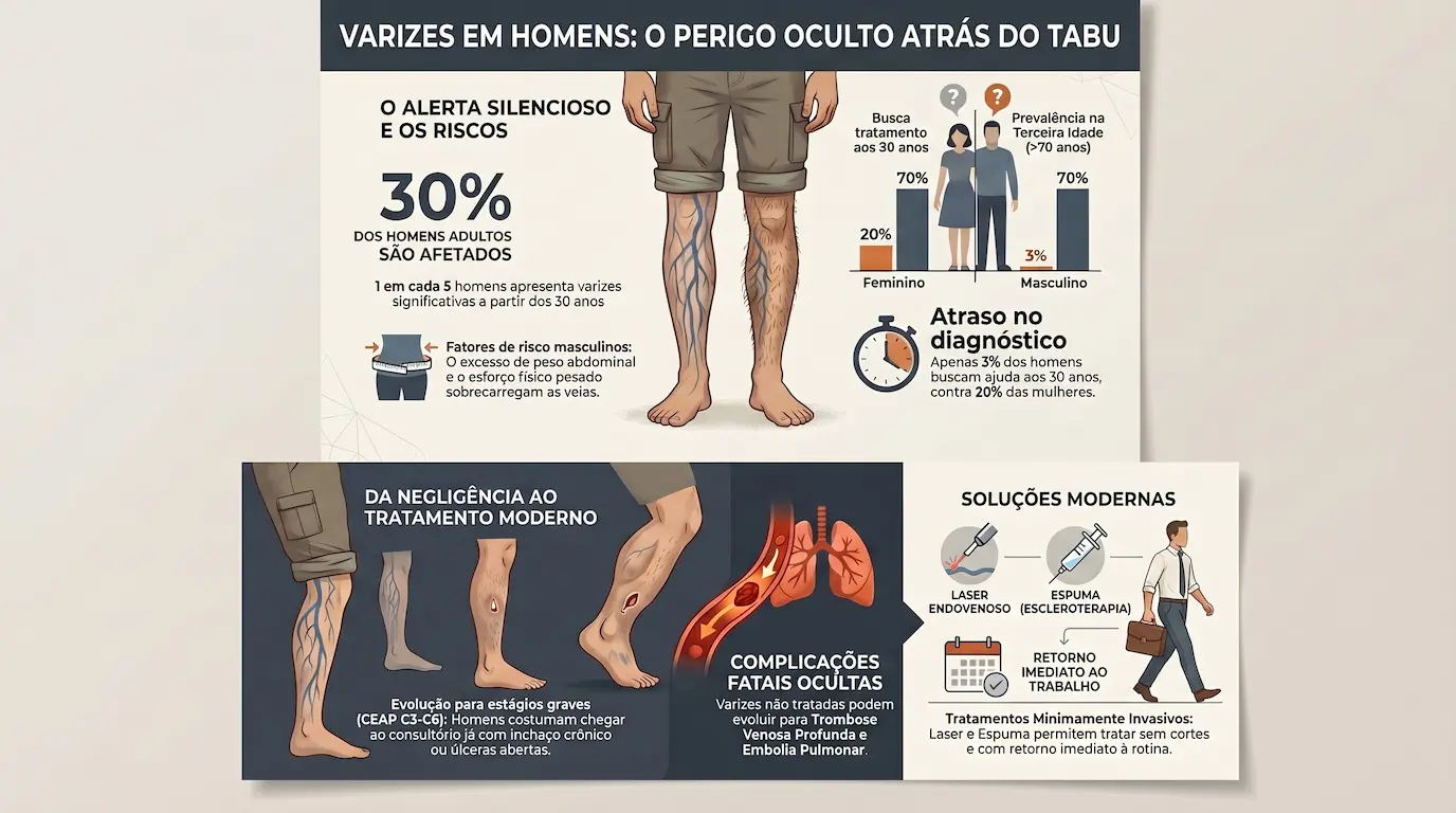 Varizes em Homens: infográfico com prevalência de 30% nos homens adultos, apenas 3% buscam tratamento aos 30 anos, fatores de risco masculinos (gordura visceral, levantamento de cargas), evolução CEAP C3-C6 e tratamentos modernos laser e espuma