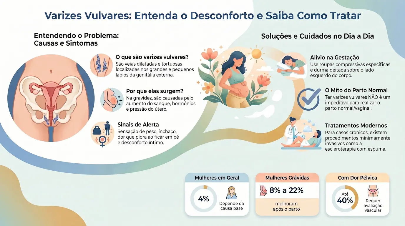 Infográfico 'Varizes Vulvares: Entenda o Desconforto e Saiba Como Tratar' — explica o que são (veias dilatadas e tortuosas nos grandes e pequenos lábios), por que surgem na gravidez (aumento do sangue, hormônios e pressão do útero), os sinais de alerta (peso, inchaço, dor que piora em pé e desconforto íntimo), soluções no dia a dia (roupas compressivas, dormir sobre o lado esquerdo), o mito do parto normal (varizes vulvares não impedem o parto vaginal), tratamentos modernos como a escleroterapia com espuma, e estatísticas: 4% das mulheres em geral, 8% a 22% das grávidas (com melhora após o parto) e até 40% das mulheres com dor pélvica