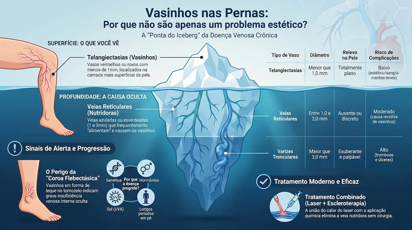 Infográfico do iceberg da doença venosa: na superfície, telangiectasias (vasinhos) com menos de 1mm; abaixo, veias reticulares nutridoras de 1 a 3mm; no fundo, varizes tronculares acima de 3mm — com tabela comparativa de diâmetro, relevo e risco de complicações