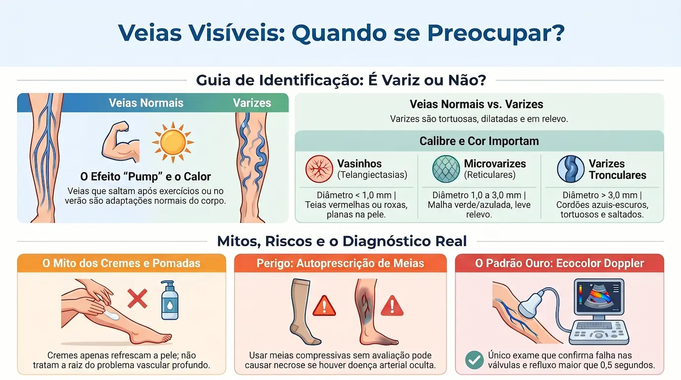 Guia visual: veias normais x varizes — calibre, cor e tortuosidade
