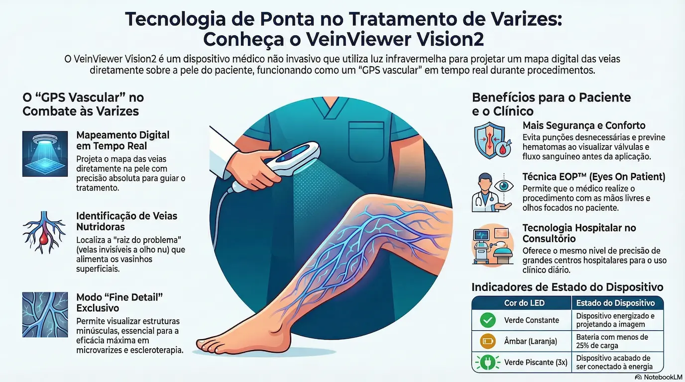 Infográfico VeinViewer Vision2: GPS Vascular, mapeamento digital, modo Fine Detail e benefícios para paciente e clínico