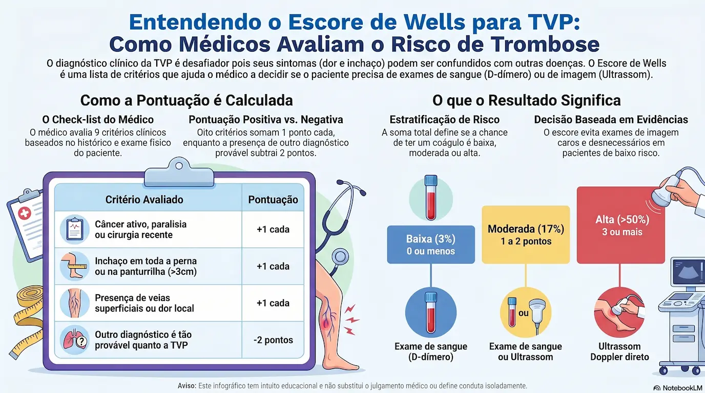 Infográfico educativo: Escore de Wells para TVP — como médicos avaliam o risco de trombose, critérios clínicos, pontuação e estratificação de risco (baixa 3%, moderada 17%, alta >50%)